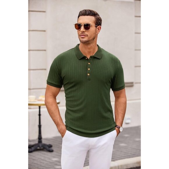 🆕Men Dark Green Polyester Polo Shirt Slim Fit Casual Workout Short Sleeve - Picture 3 of 6